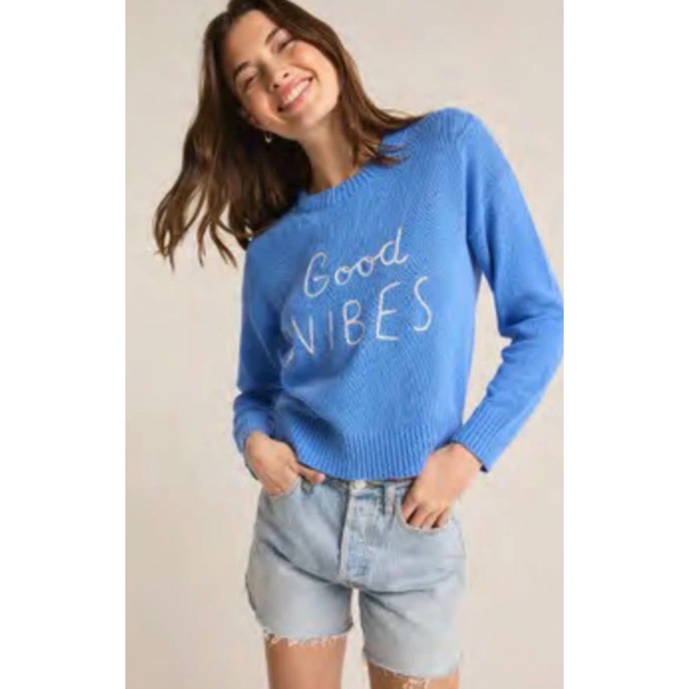 Z Supply Good Vibes Intarsia Sweater Blue Crew Neck Pullover Size Large